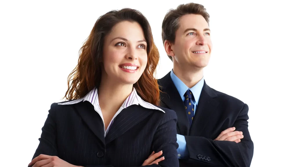 business man and woman smiling while looking above
