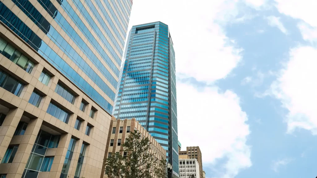 a high-rise building with stained glass windows